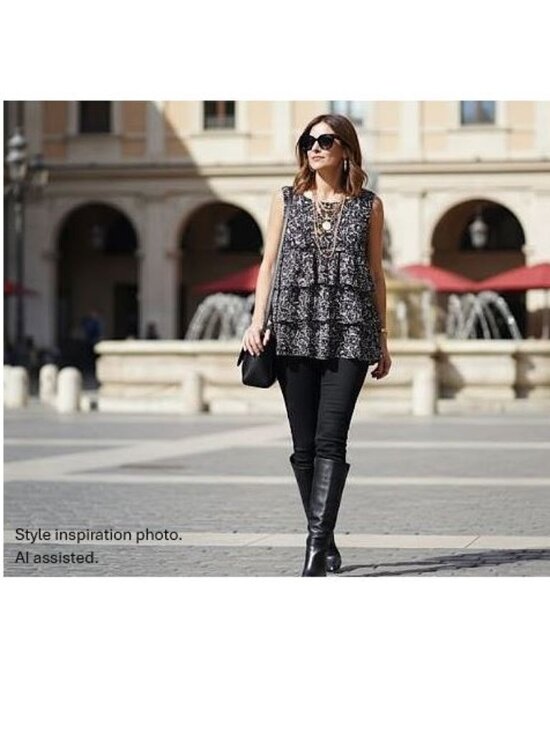 J. Crew, 100% silk black and white sleeveless tiered ruffle blouse - Picture 2 of 10